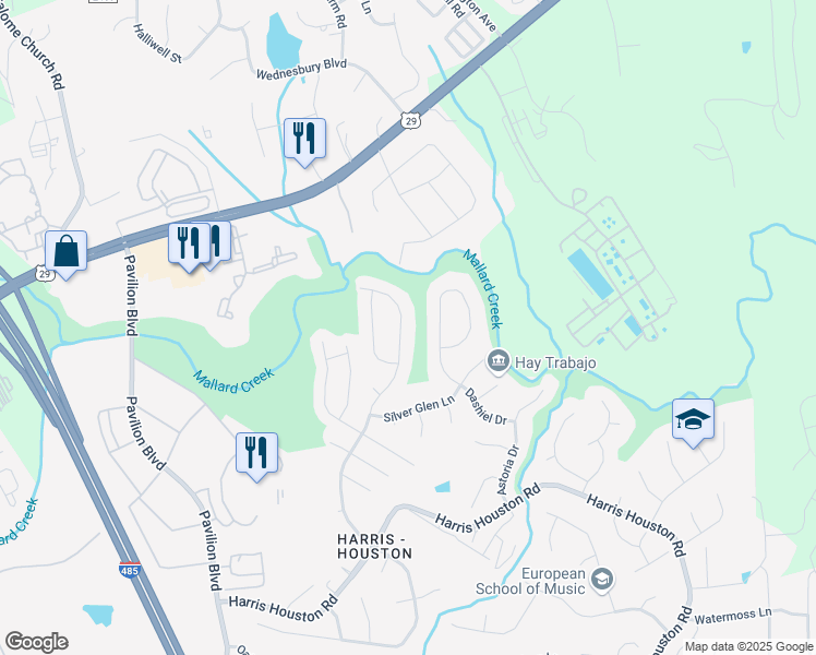 map of restaurants, bars, coffee shops, grocery stores, and more near 10409 Kempsford Drive in Charlotte