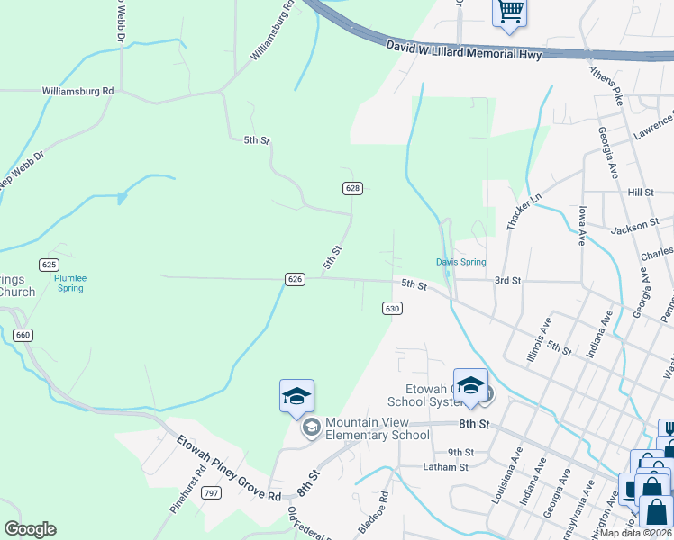 map of restaurants, bars, coffee shops, grocery stores, and more near 248 County Road 629 in Etowah