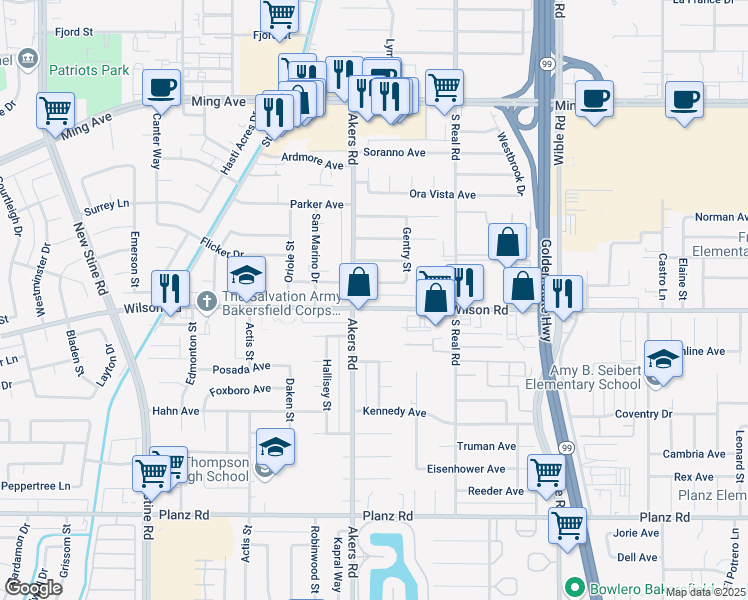map of restaurants, bars, coffee shops, grocery stores, and more near 3818 Wilson Road in Bakersfield