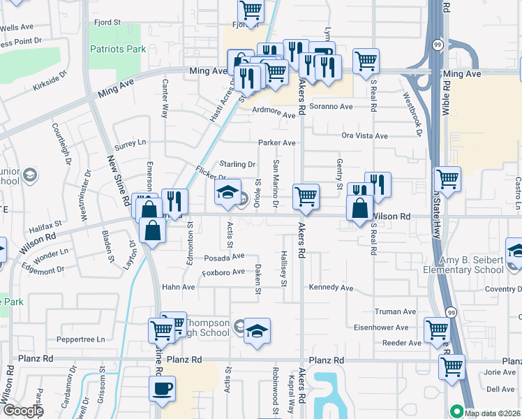 map of restaurants, bars, coffee shops, grocery stores, and more near 4018 Wilson Road in Bakersfield