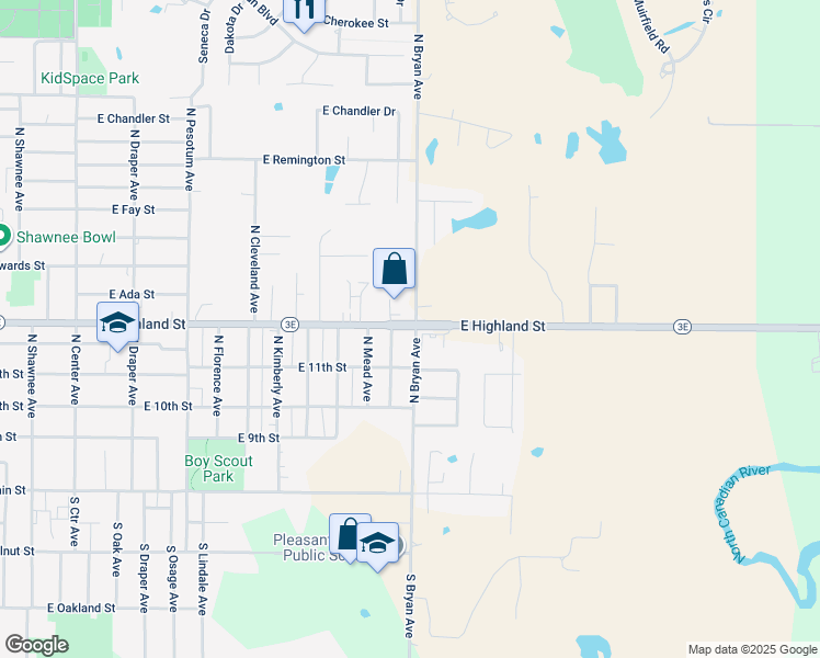 map of restaurants, bars, coffee shops, grocery stores, and more near 2301 East Highland Street in Shawnee