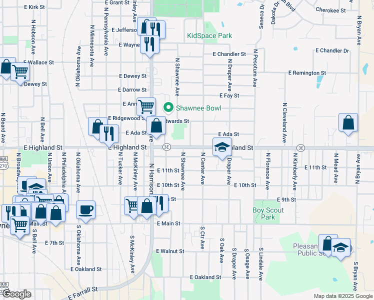 map of restaurants, bars, coffee shops, grocery stores, and more near 1105 Oklahoma 3E in Shawnee
