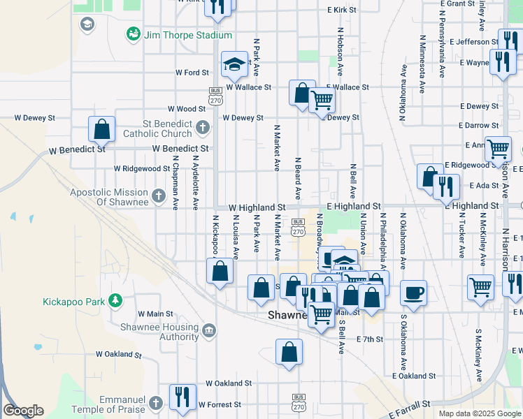 map of restaurants, bars, coffee shops, grocery stores, and more near 223 U.S. 270 Business in Shawnee