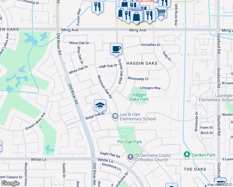 map of restaurants, bars, coffee shops, grocery stores, and more near 2501 Nantes Way in Bakersfield