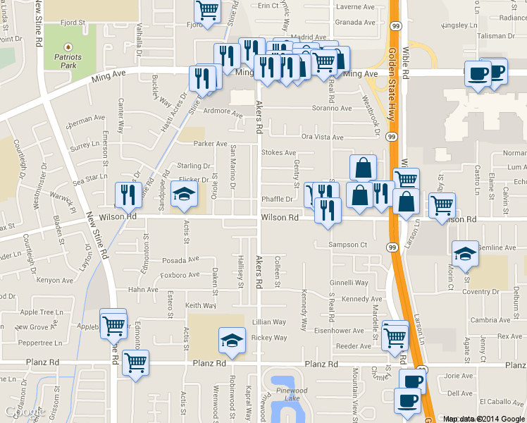 map of restaurants, bars, coffee shops, grocery stores, and more near 3818 Wilson Road in Bakersfield