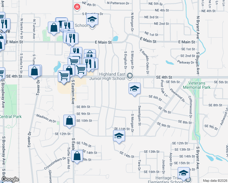map of restaurants, bars, coffee shops, grocery stores, and more near 616 South Avery Drive in Moore