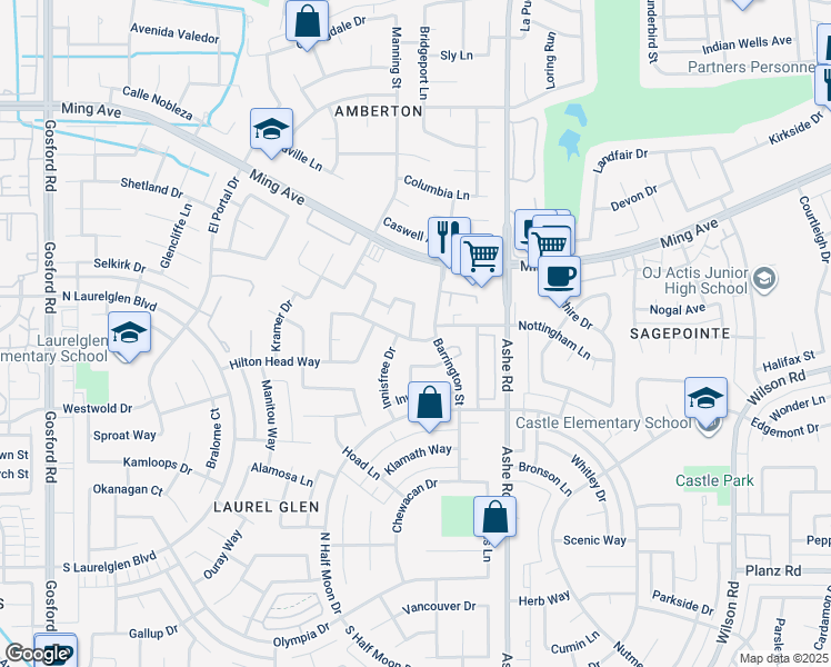 map of restaurants, bars, coffee shops, grocery stores, and more near 6900 Seapines Drive in Bakersfield