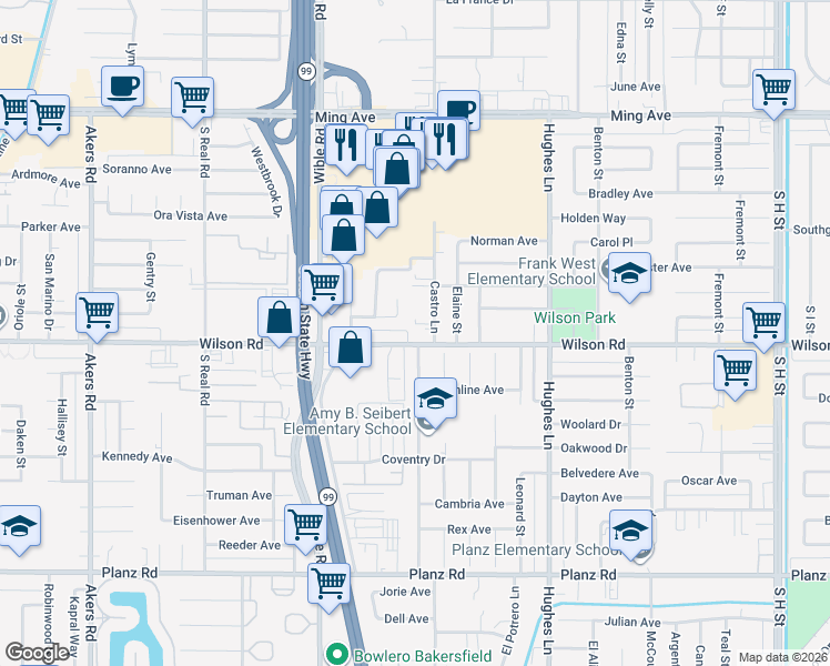 map of restaurants, bars, coffee shops, grocery stores, and more near 2916 Wilson Road in Bakersfield