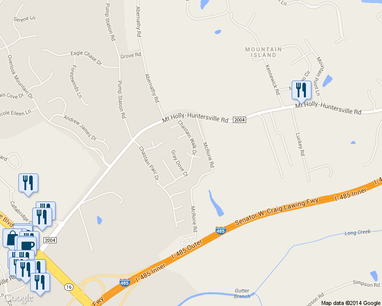 map of restaurants, bars, coffee shops, grocery stores, and more near 9501 Chastain Walk Drive in Charlotte