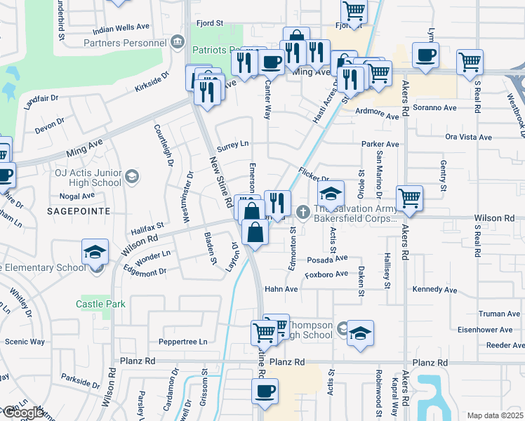 map of restaurants, bars, coffee shops, grocery stores, and more near 2436 Hasti Acres Drive in Bakersfield