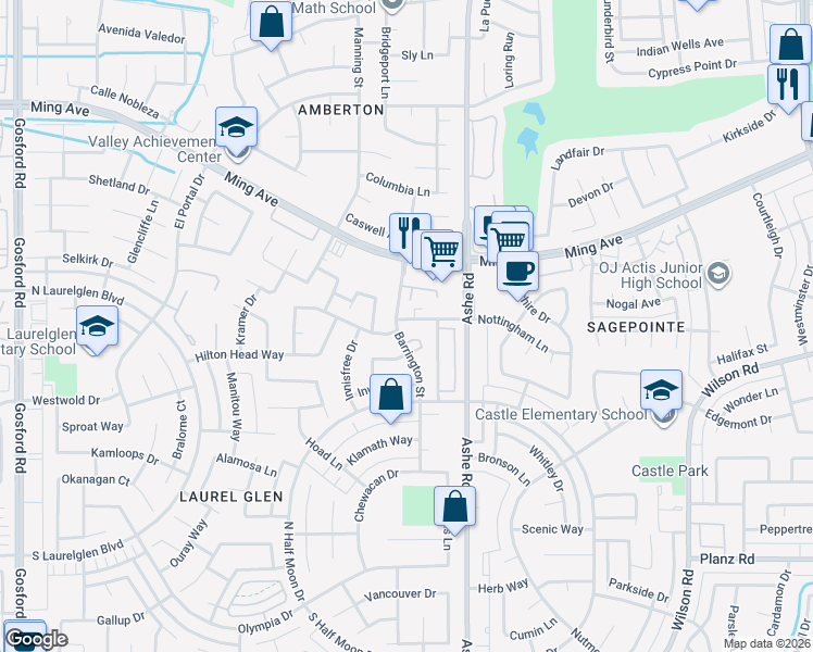 map of restaurants, bars, coffee shops, grocery stores, and more near 2600 Barrington Street in Bakersfield