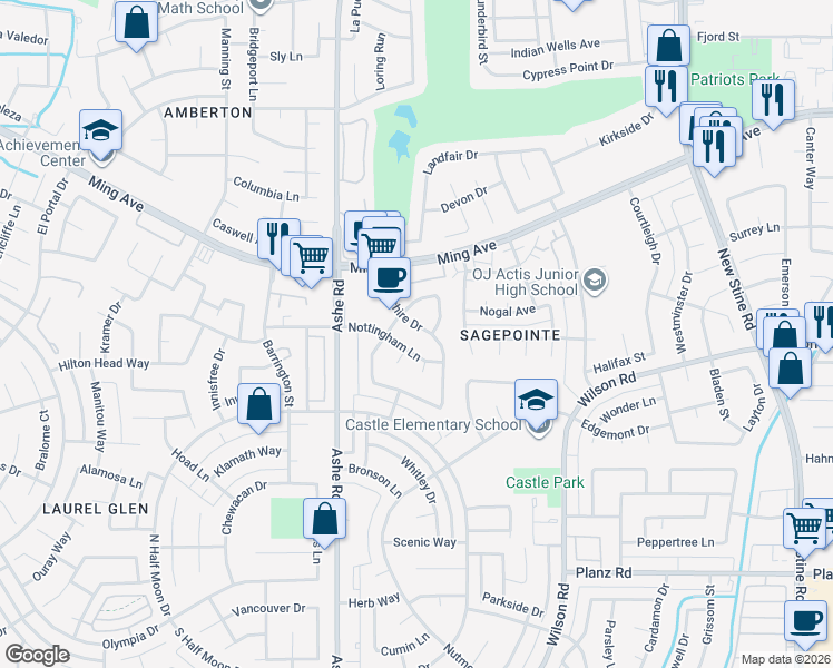 map of restaurants, bars, coffee shops, grocery stores, and more near 2413 Cheshire Drive in Bakersfield