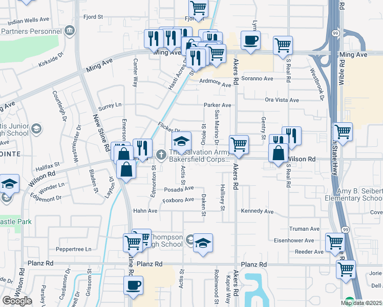 map of restaurants, bars, coffee shops, grocery stores, and more near 4300 Wilson Road in Bakersfield