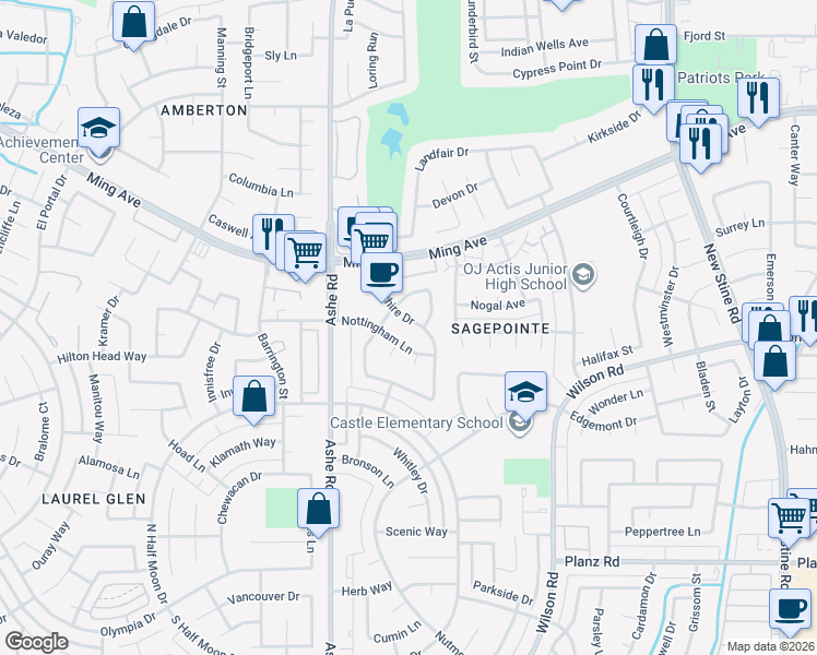 map of restaurants, bars, coffee shops, grocery stores, and more near 2413 Cheshire Drive in Bakersfield
