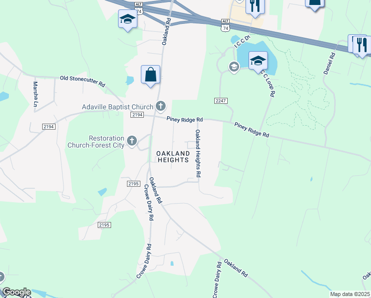 map of restaurants, bars, coffee shops, grocery stores, and more near 174 Oakland Heights Road in Spindale
