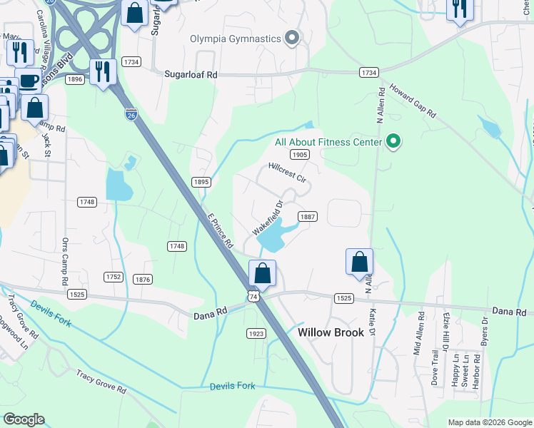 map of restaurants, bars, coffee shops, grocery stores, and more near 22 Dove Valley Lane in Hendersonville