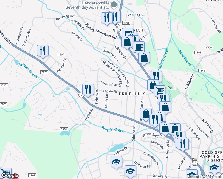map of restaurants, bars, coffee shops, grocery stores, and more near 611 Higate Road in Hendersonville