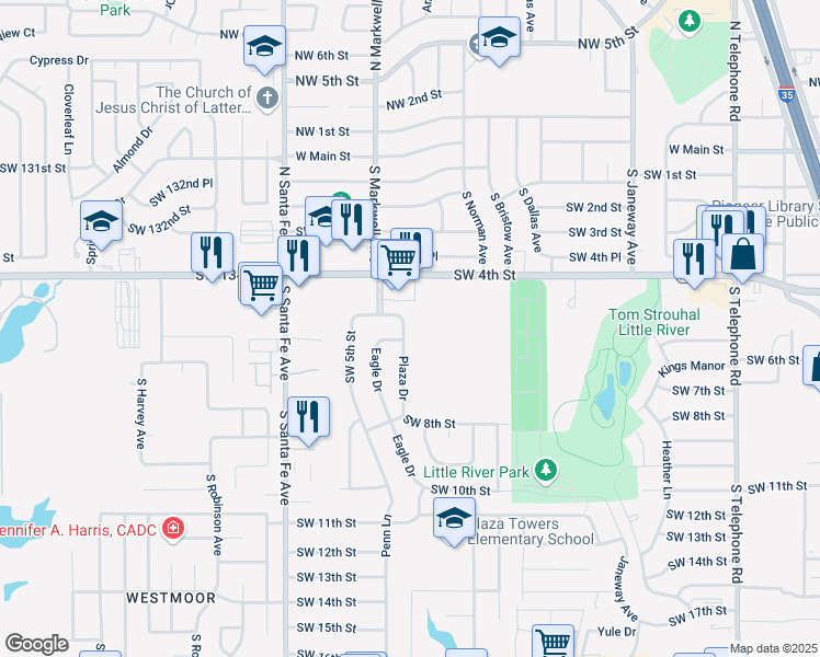 map of restaurants, bars, coffee shops, grocery stores, and more near 608 Plaza Drive in Moore