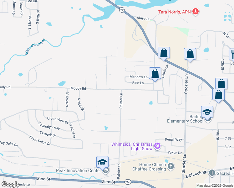 map of restaurants, bars, coffee shops, grocery stores, and more near 9600 Moody Road in Fort Smith