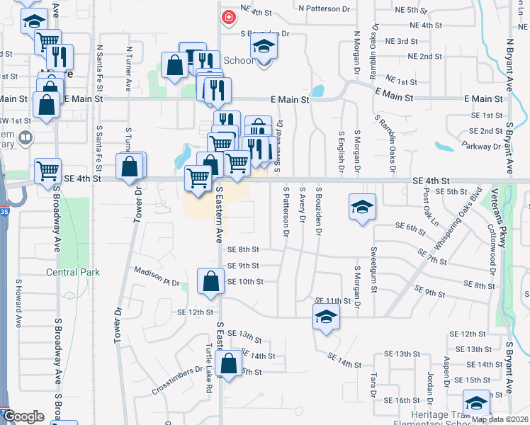 map of restaurants, bars, coffee shops, grocery stores, and more near 613 South Silver Leaf Drive in Oklahoma City