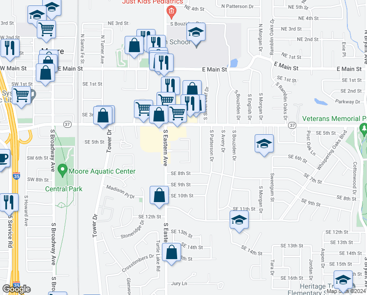 map of restaurants, bars, coffee shops, grocery stores, and more near 616 Eastmoor Court in Moore