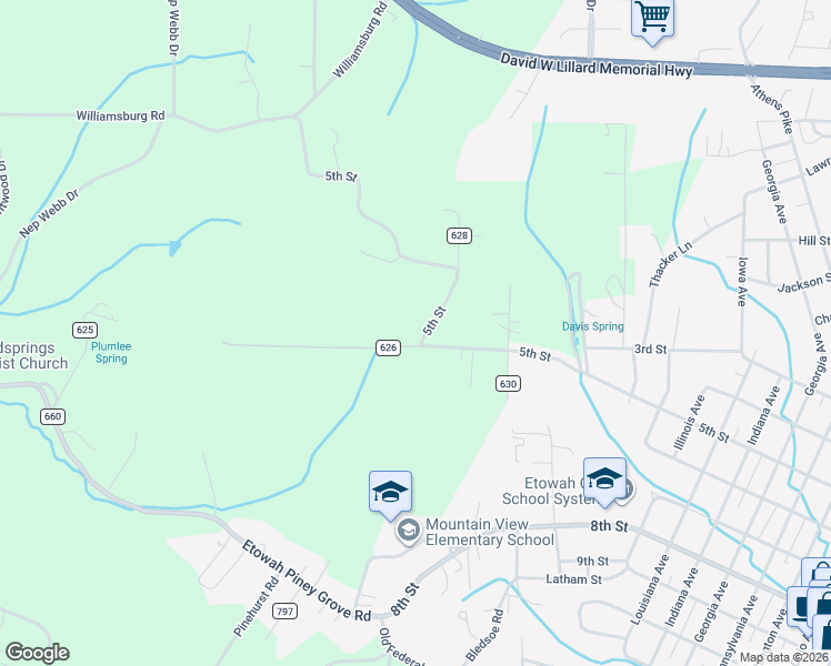 map of restaurants, bars, coffee shops, grocery stores, and more near 248 County Road 629 in Etowah