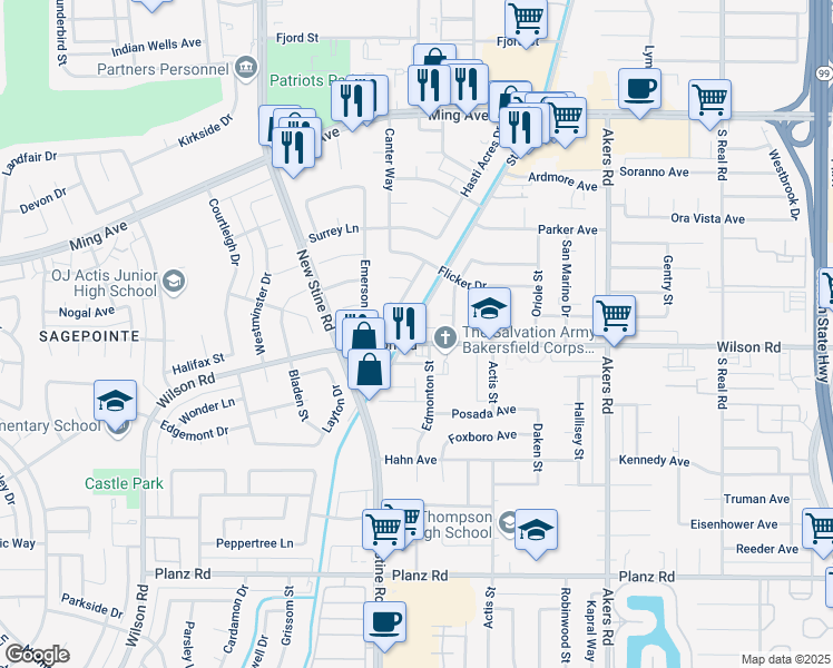 map of restaurants, bars, coffee shops, grocery stores, and more near 4646 Wilson Road in Bakersfield
