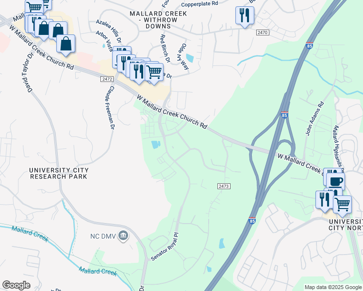 map of restaurants, bars, coffee shops, grocery stores, and more near 1809 Alexander Highlands Drive in Charlotte