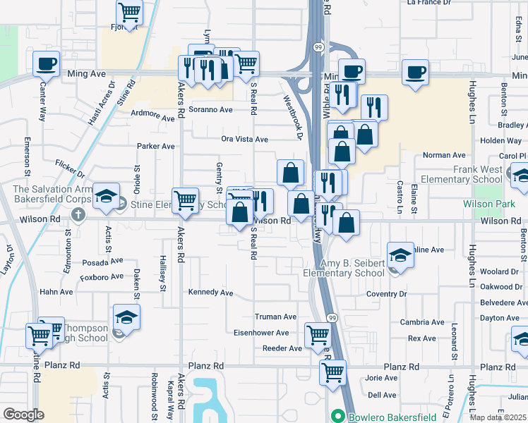 map of restaurants, bars, coffee shops, grocery stores, and more near 3620 Wilson Rd in Bakersfield