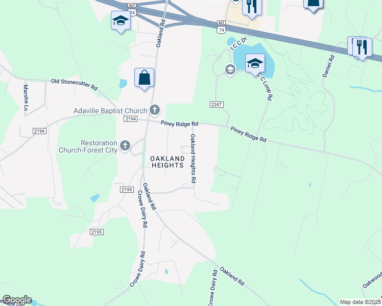 map of restaurants, bars, coffee shops, grocery stores, and more near 174 Oakland Heights Road in Spindale