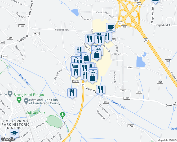 map of restaurants, bars, coffee shops, grocery stores, and more near 106 North Blue Ridge Avenue in Hendersonville