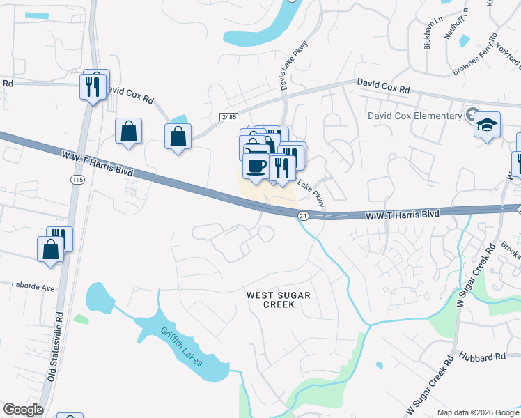 map of restaurants, bars, coffee shops, grocery stores, and more near 4823 West WT Harris Boulevard in Charlotte