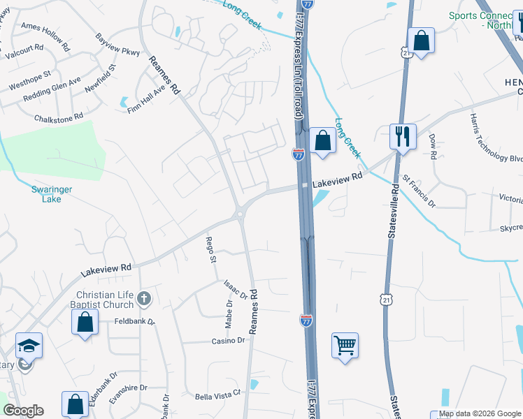 map of restaurants, bars, coffee shops, grocery stores, and more near 5232 Lakeview Road in Charlotte
