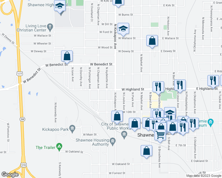 map of restaurants, bars, coffee shops, grocery stores, and more near 526 West Highland Street in Shawnee