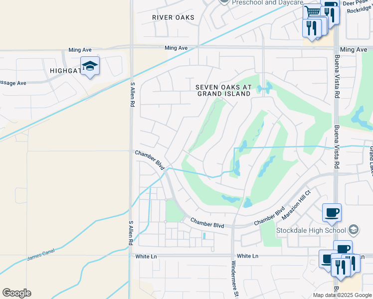 map of restaurants, bars, coffee shops, grocery stores, and more near 2416 Edingal Drive in Bakersfield
