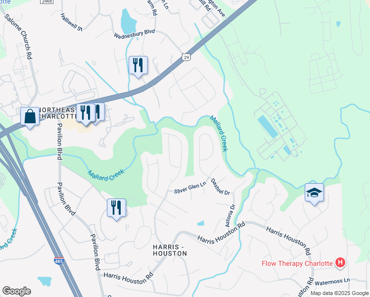 map of restaurants, bars, coffee shops, grocery stores, and more near 10409 Kempsford Drive in Charlotte