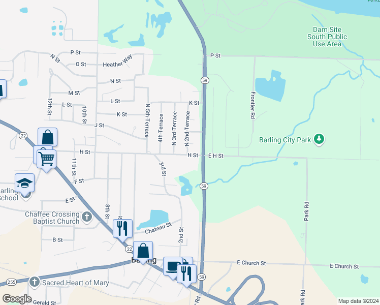 map of restaurants, bars, coffee shops, grocery stores, and more near 902 North 2nd Terrace in Barling