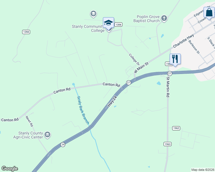 map of restaurants, bars, coffee shops, grocery stores, and more near 32096 Canton Road in Albemarle