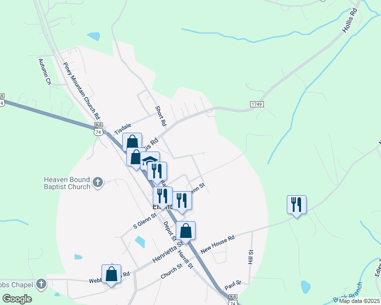 map of restaurants, bars, coffee shops, grocery stores, and more near 211 Heigh Street in Ellenboro