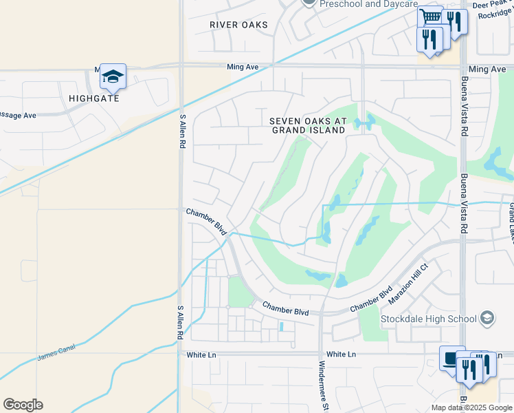 map of restaurants, bars, coffee shops, grocery stores, and more near 2416 Edingal Drive in Bakersfield