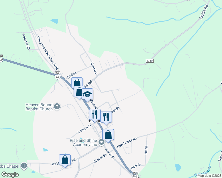 map of restaurants, bars, coffee shops, grocery stores, and more near 211 Heigh Street in Ellenboro