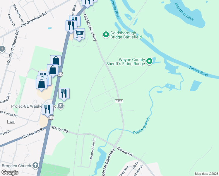 map of restaurants, bars, coffee shops, grocery stores, and more near 430 Old Mount Olive Highway in Wayne County