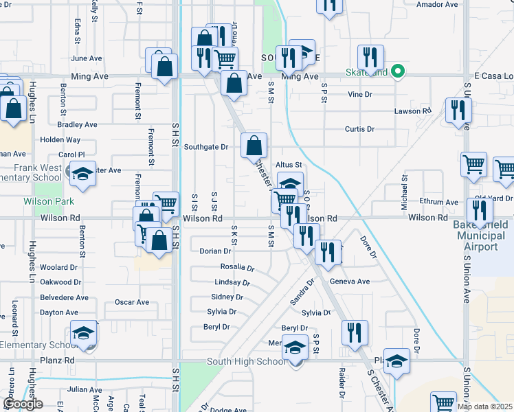 map of restaurants, bars, coffee shops, grocery stores, and more near 1212 Wilson Road in Bakersfield