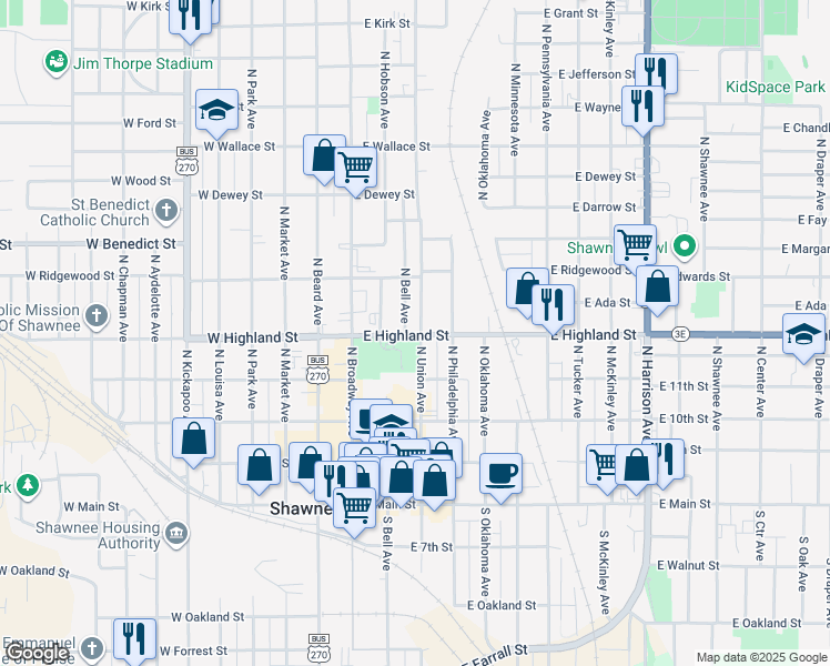 map of restaurants, bars, coffee shops, grocery stores, and more near 212 East Highland Street in Shawnee