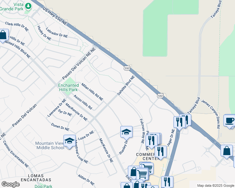 map of restaurants, bars, coffee shops, grocery stores, and more near 4501 Safelite Boulevard Northeast in Rio Rancho