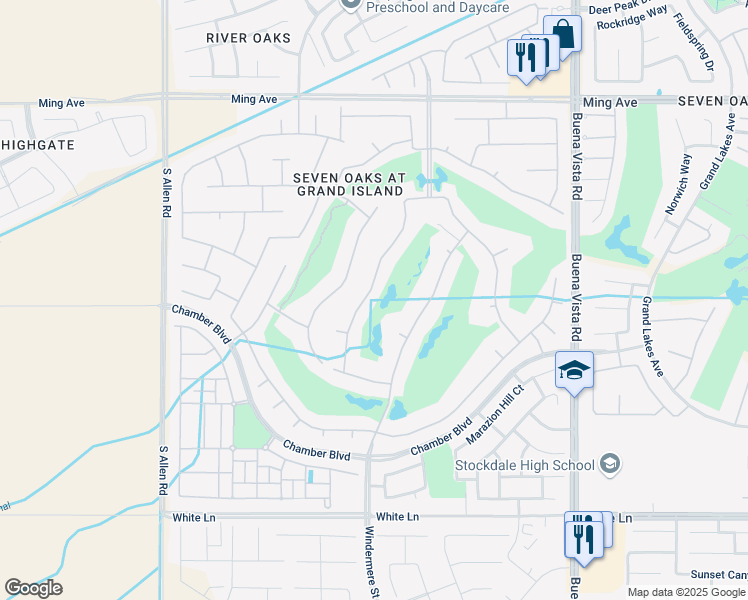 map of restaurants, bars, coffee shops, grocery stores, and more near 2406 Brighton Park Drive in Bakersfield
