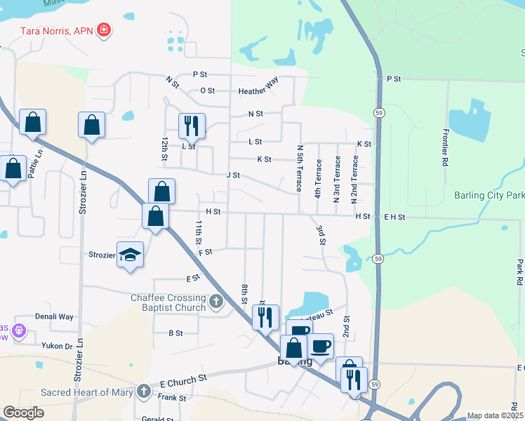 map of restaurants, bars, coffee shops, grocery stores, and more near 704 H Street in Barling