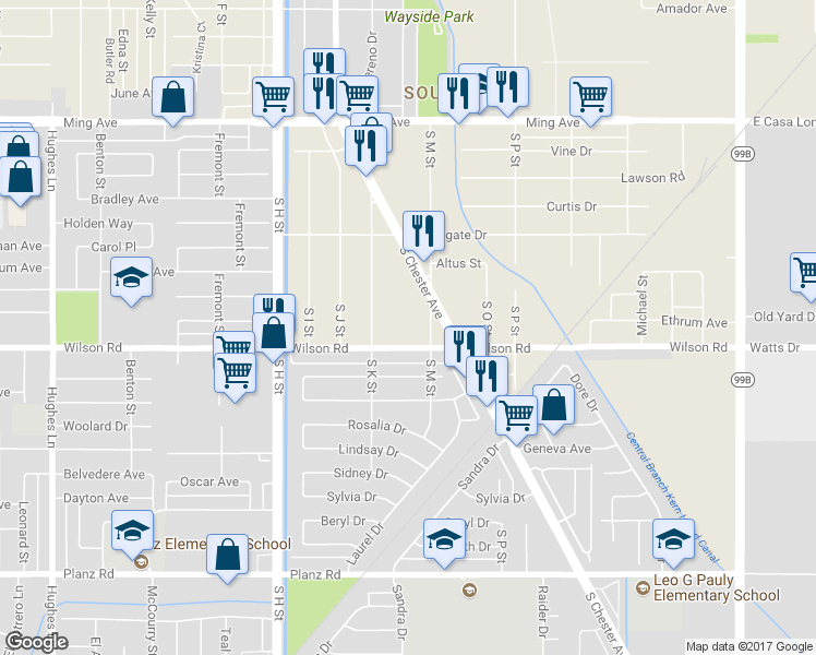 map of restaurants, bars, coffee shops, grocery stores, and more near 1212 Wilson Road in Bakersfield