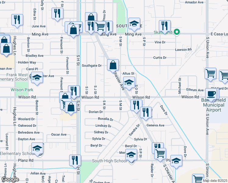 map of restaurants, bars, coffee shops, grocery stores, and more near 1212 Wilson Road in Bakersfield