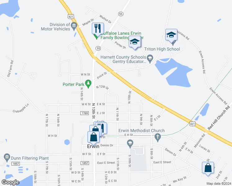map of restaurants, bars, coffee shops, grocery stores, and more near 201 East L Street in Erwin